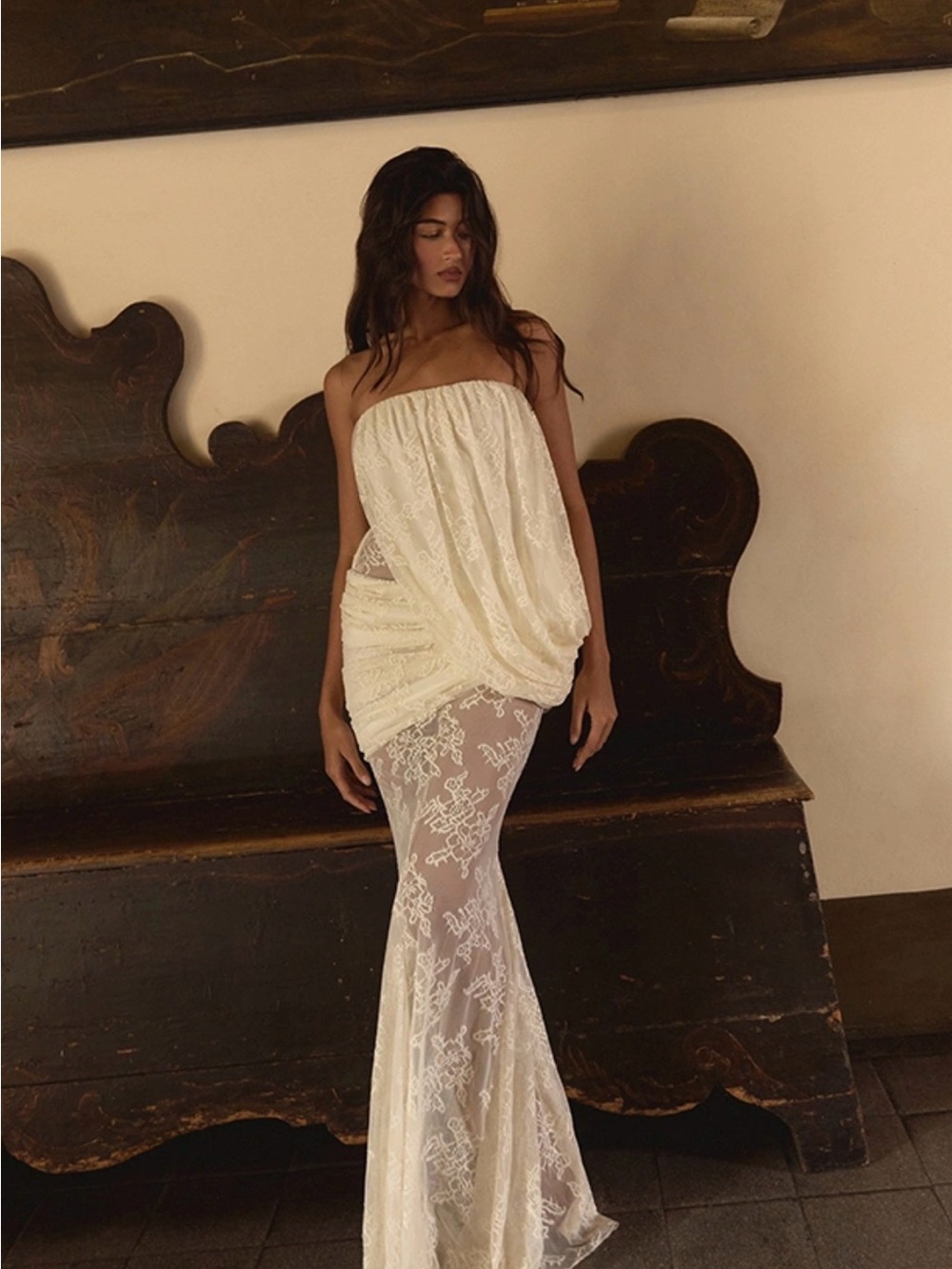 PLT LABEL CREAM LACE ASYMMETRICAL DRAPE GODET FISHTAIL BANDEAU MAXI DRESS